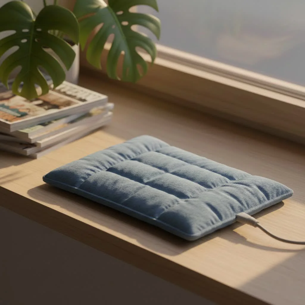 Pregnant woman gently placing a heating pad on her lower back